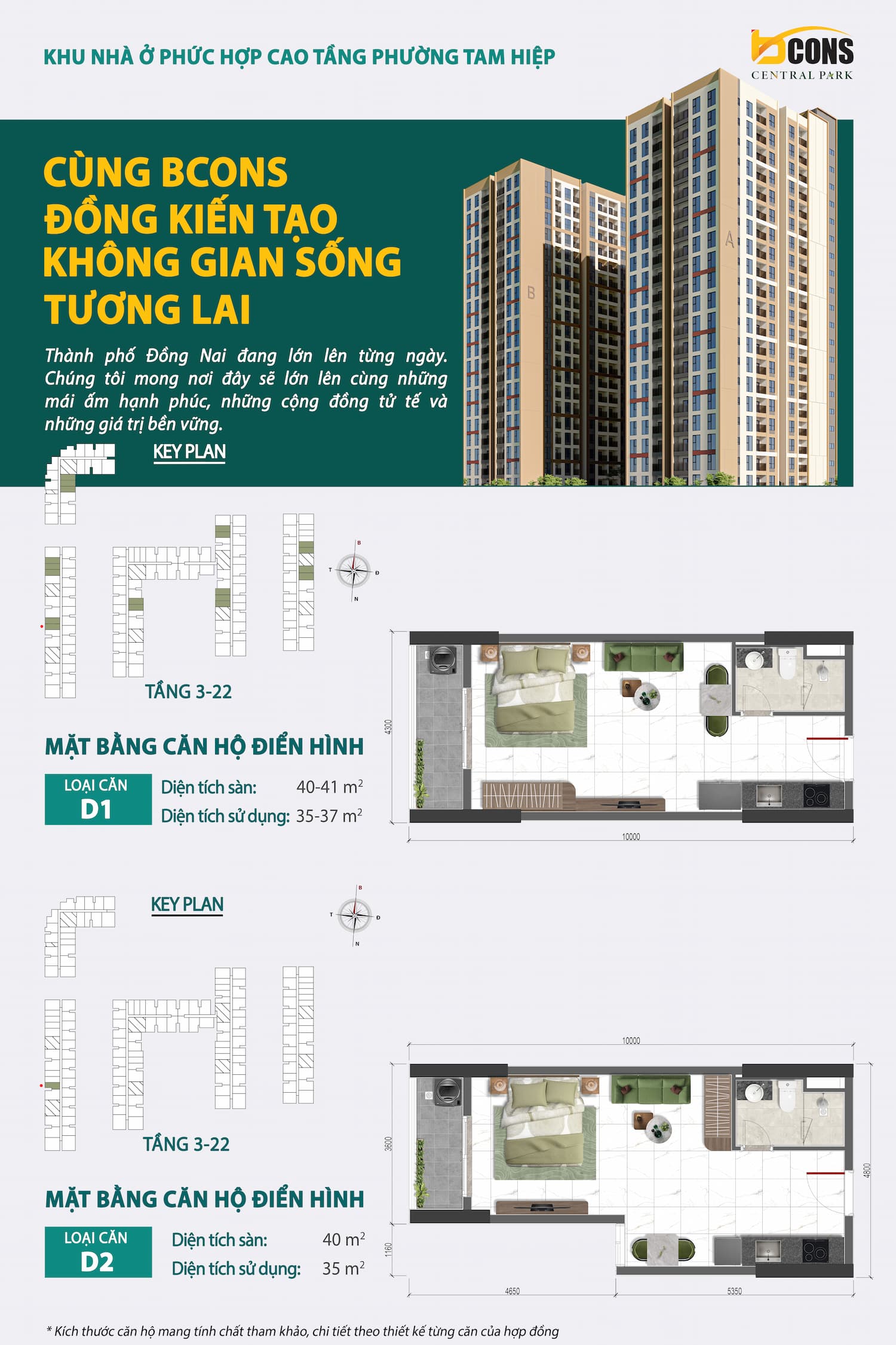 Mặt bằng Căn hộ Studio – Diện tích 40–41 m² dự án Bcons Central Park Tam Hiệp Biên Hòa