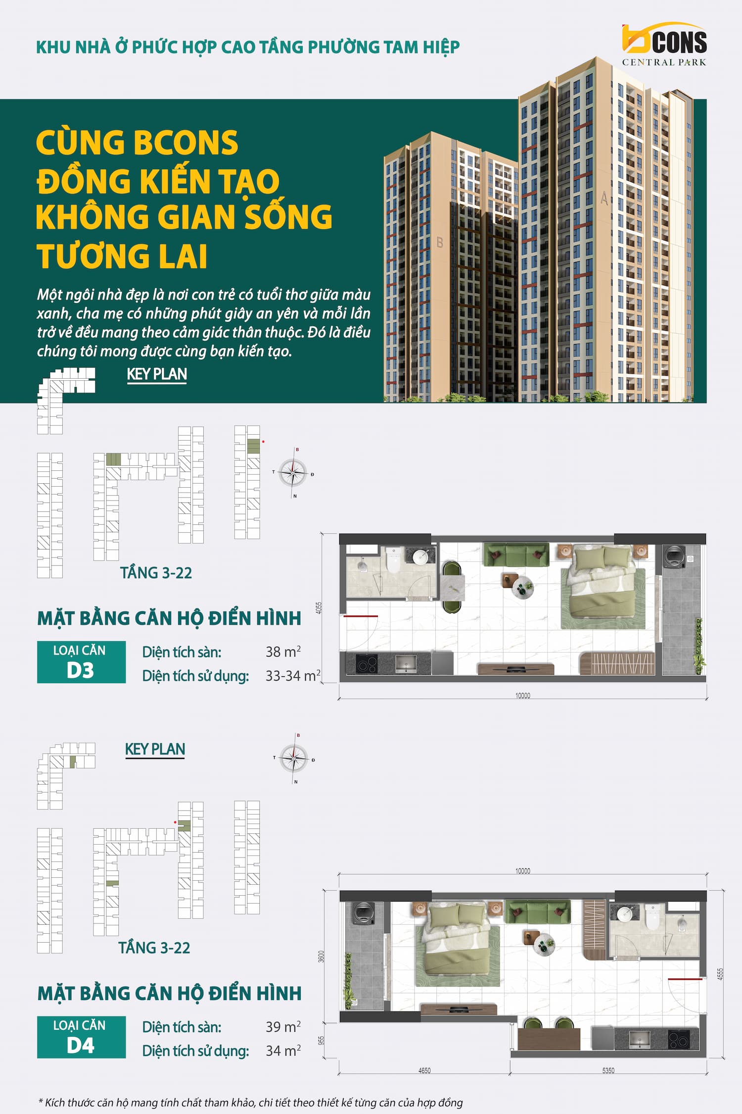 Mặt bằng Căn hộ Studio – Diện tích 38–39 m² dự án Bcons Central Park Tam Hiệp Biên Hòa