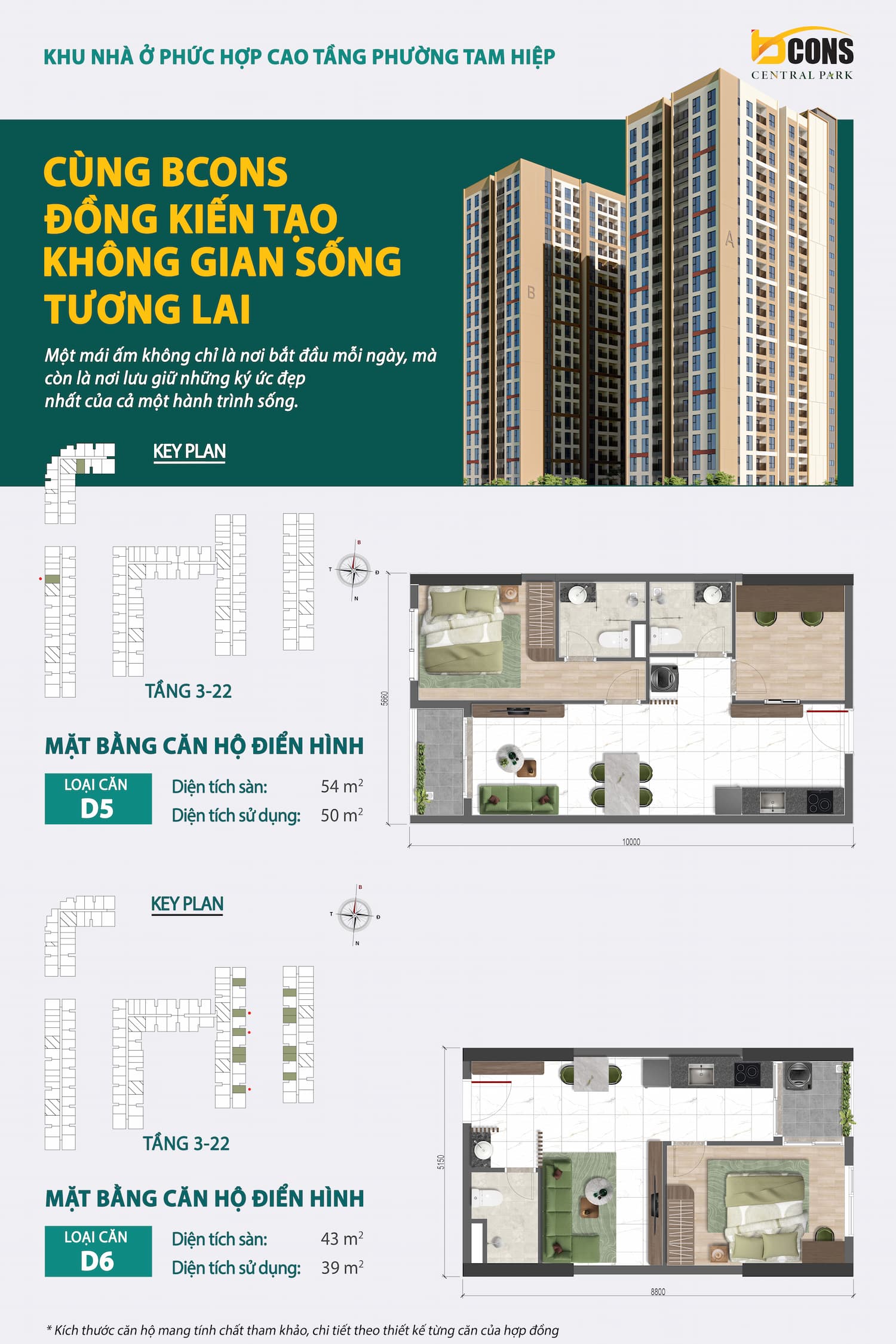 Mặt bằng Căn hộ 1PN – Diện tích 43–54 m² dự án Bcons Central Park Tam Hiệp Biên Hòa