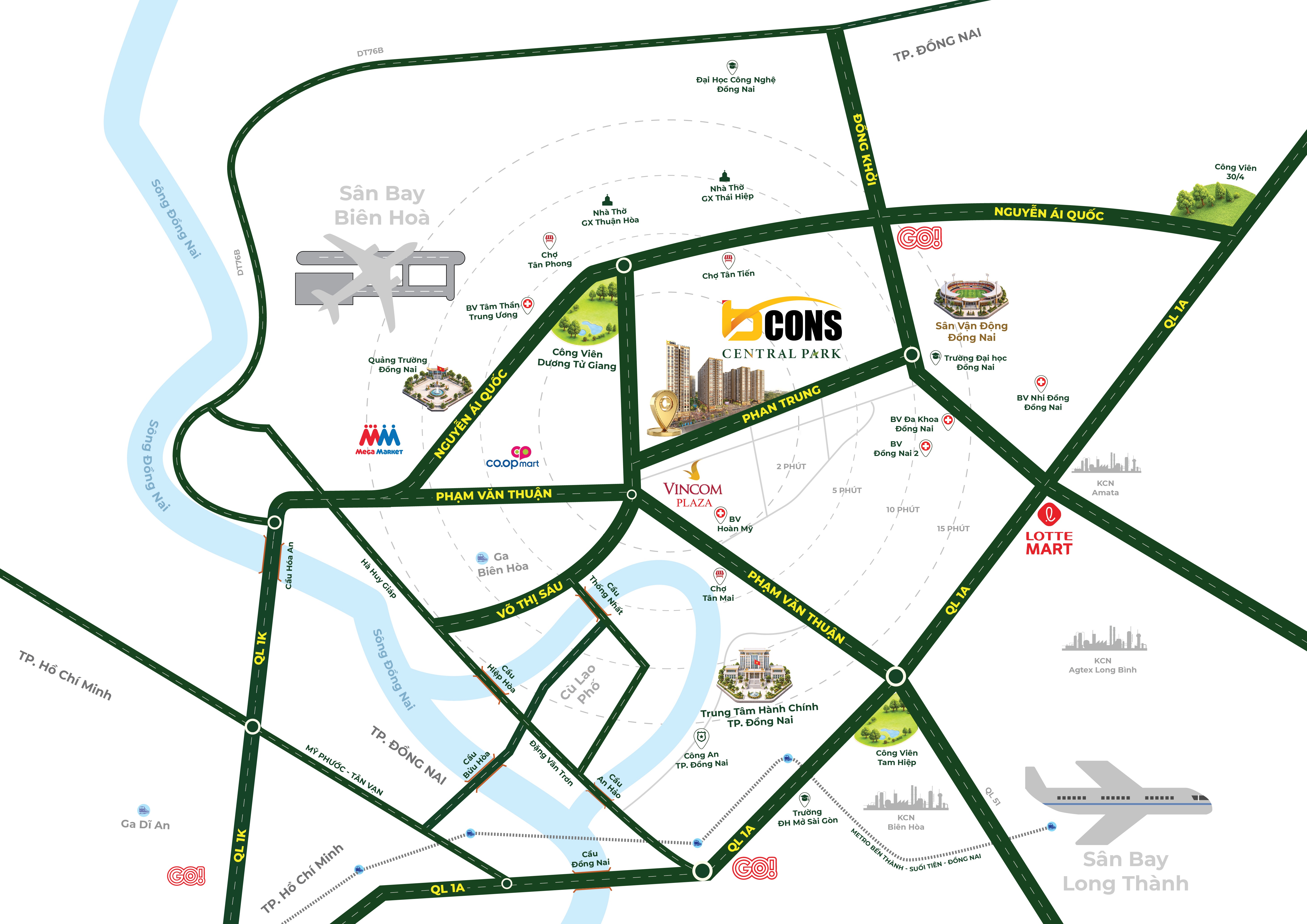 Bản đồ liên kết vùng thể hiện khoảng cách từ Bcons Central Park