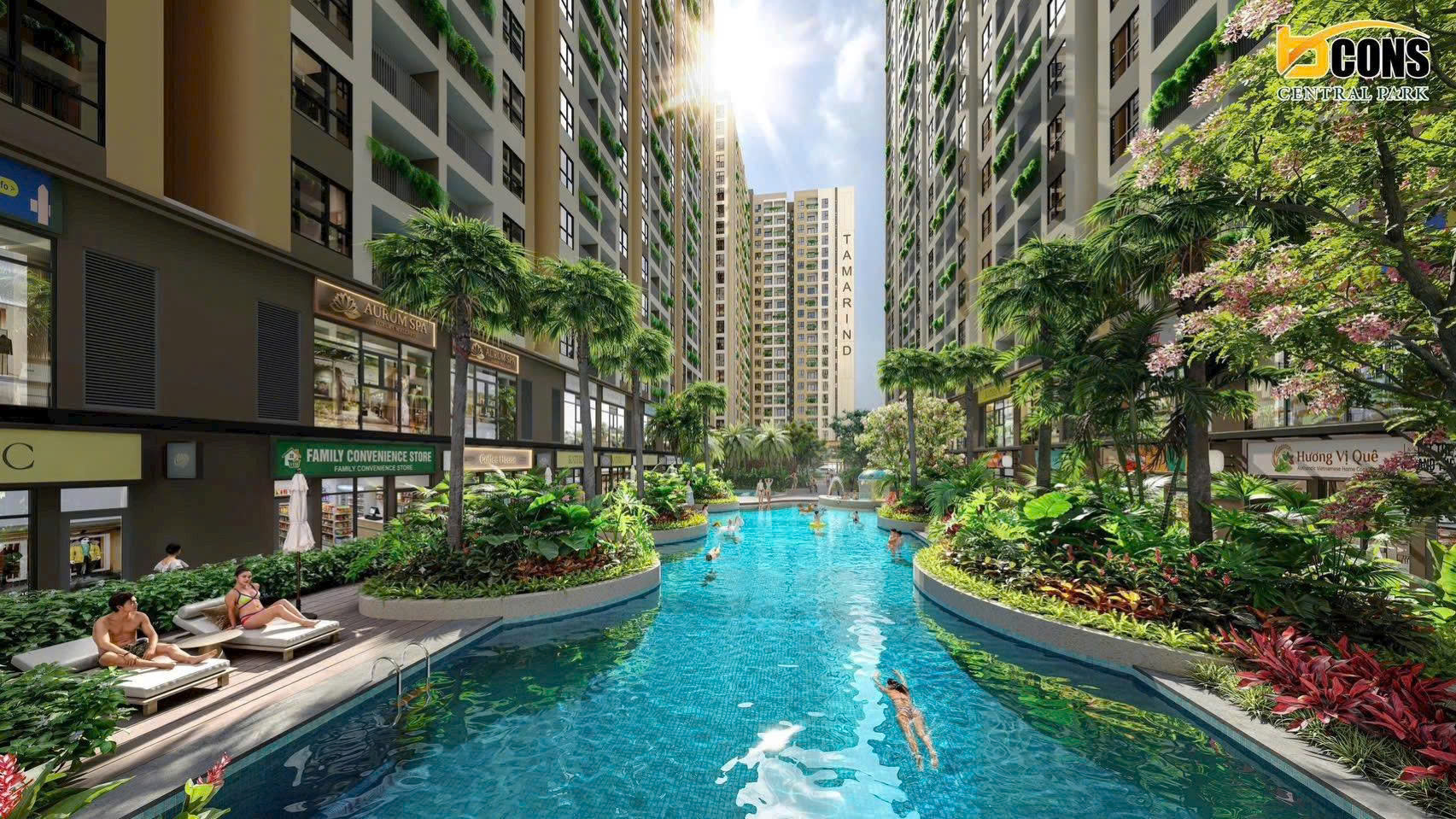 Công viên nội khu hơn 7.700 m² và hồ bơi tràn bờ giữa các block Bcons Central Park Tam Hiệp